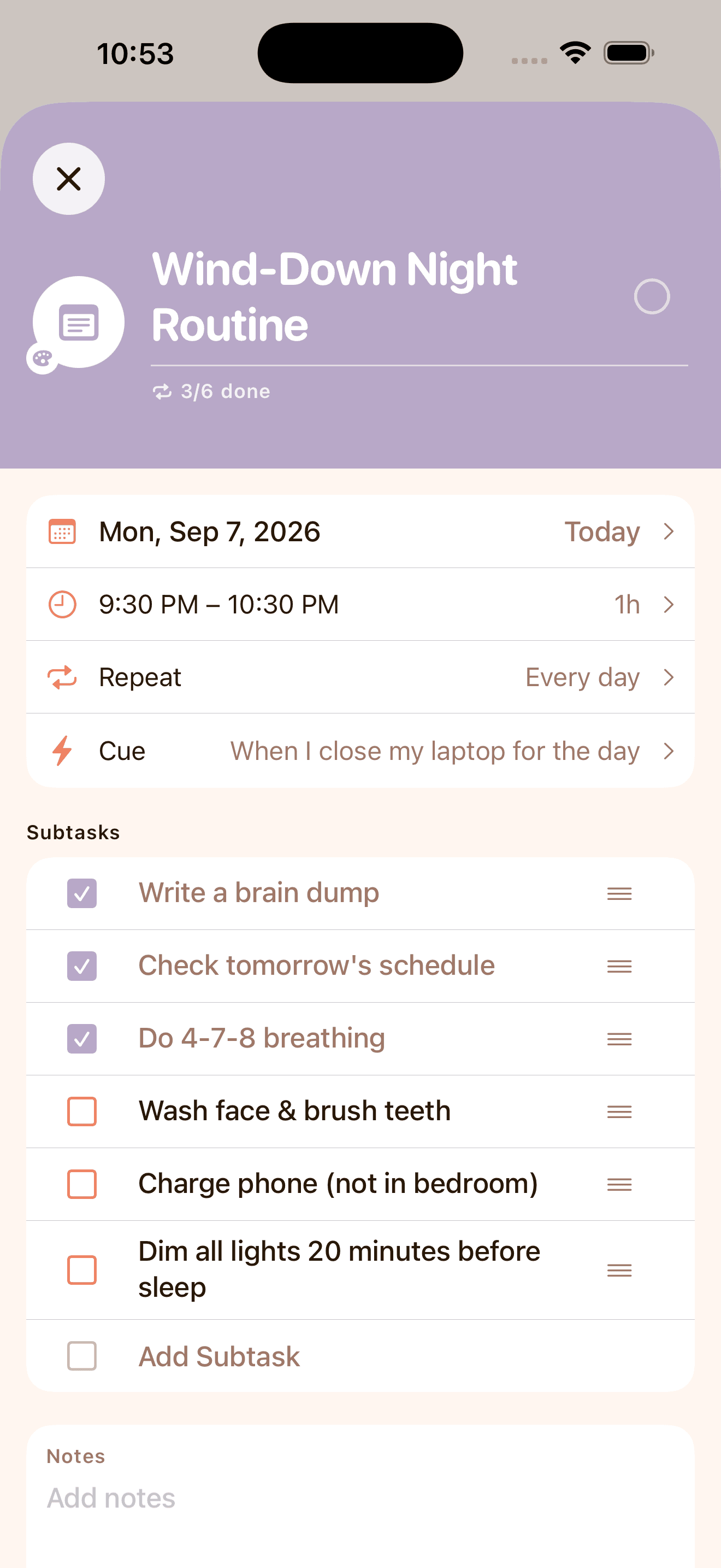 KeepCue task detail view showing repeat schedule, cue anchor, and subtasks